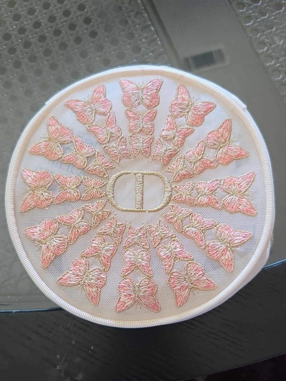 Dior Beauty Pink & Gold Embroidered Round Cosmetic Pouch